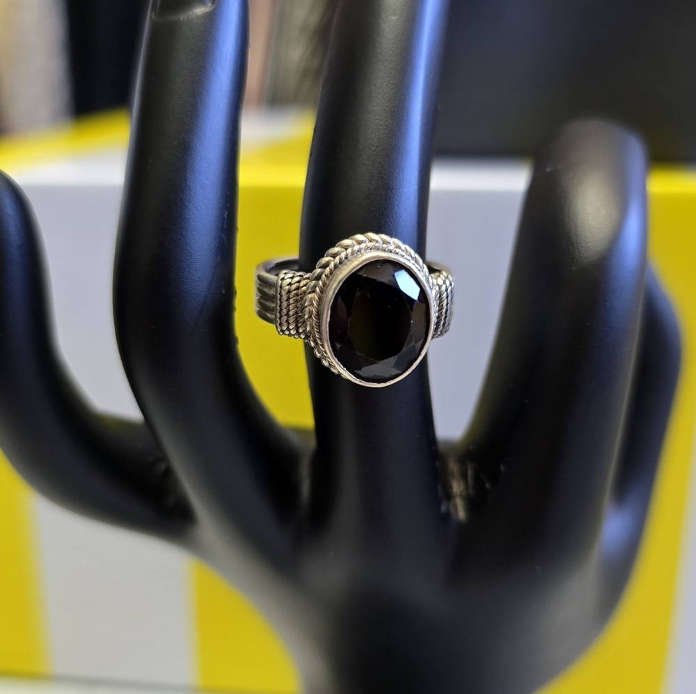 Sterling Silver Ring with Black Faceted Stone #0738